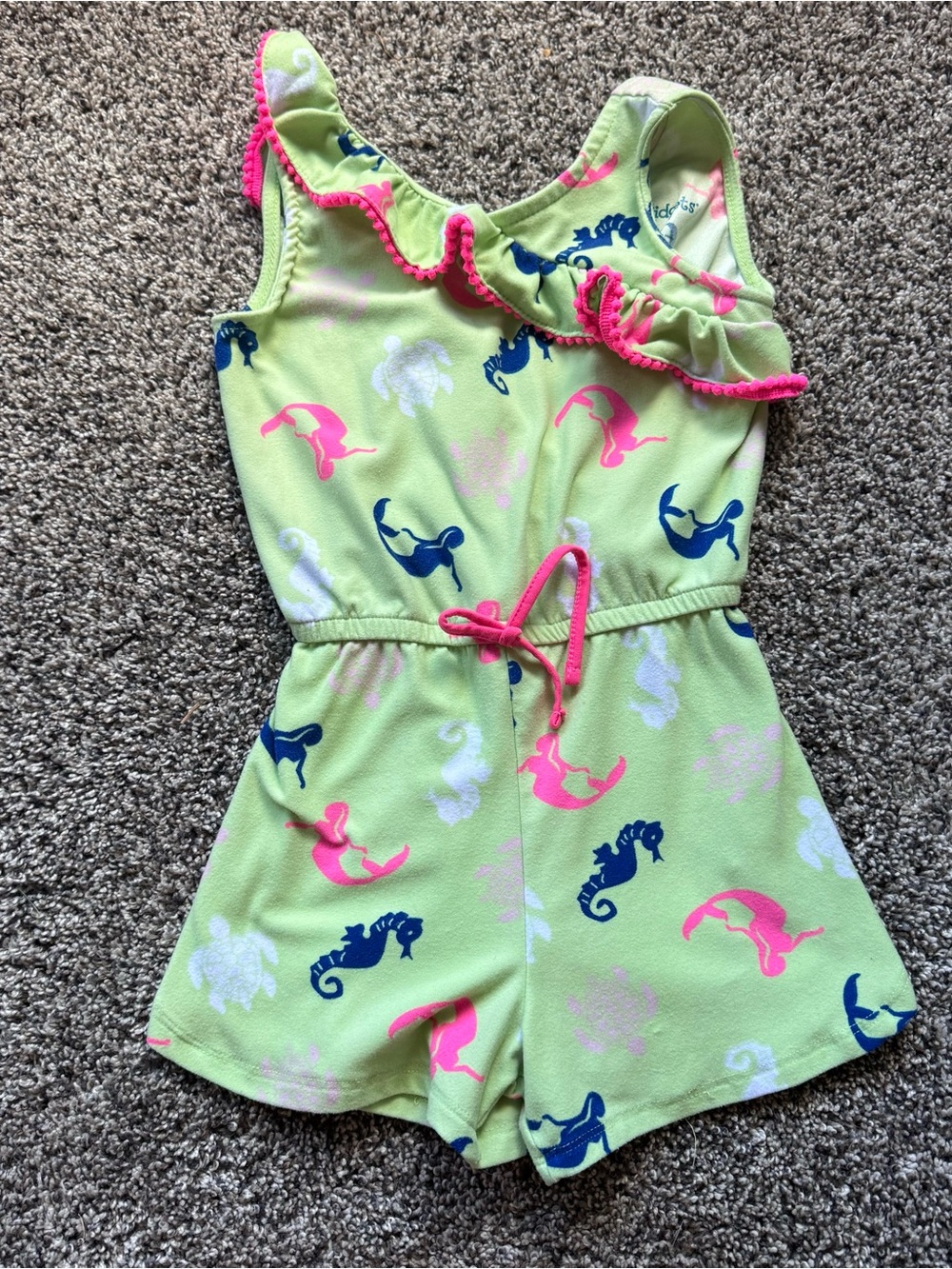 Girls' Lime Green Seahorse Print Romper with Pink Trim